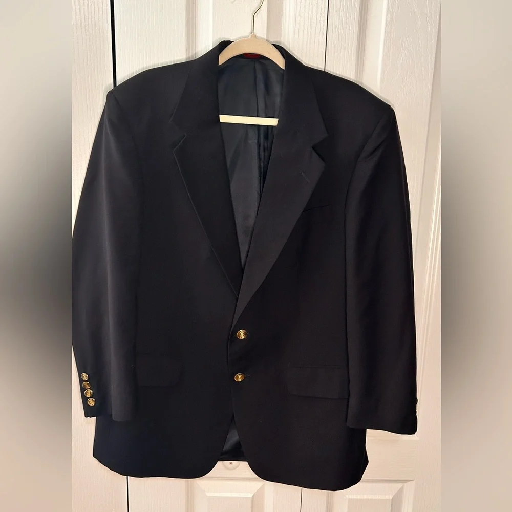 Savile Row Blazer‎ Mens 42R Black 2 Gold Button 100% Pure Wool Sports Coat